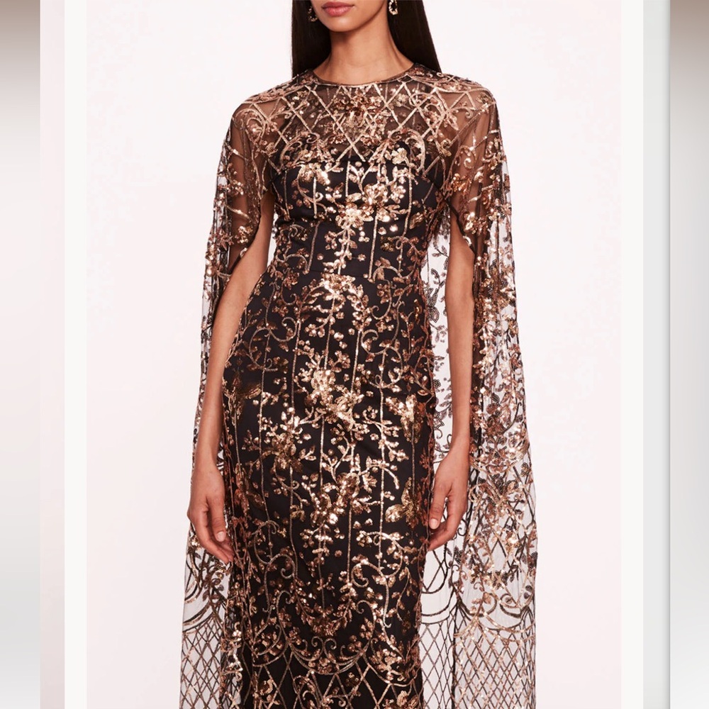 MARCHESA NOTTE**Black Gold Sequin Lattice Cape Gown**US 14 $1095 NWT - Picture 2 of 5